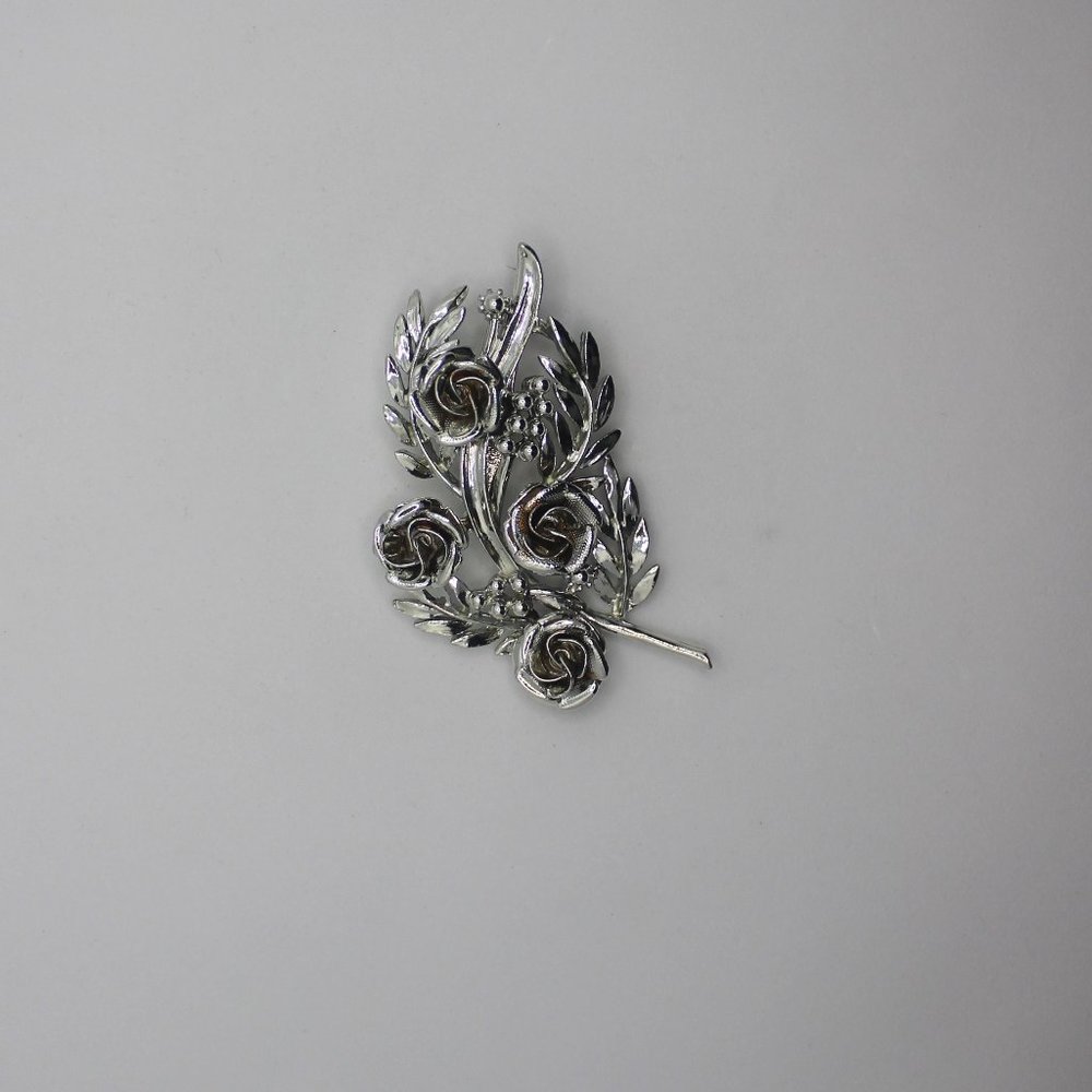 Silver Tone Rose Brooch Vintage